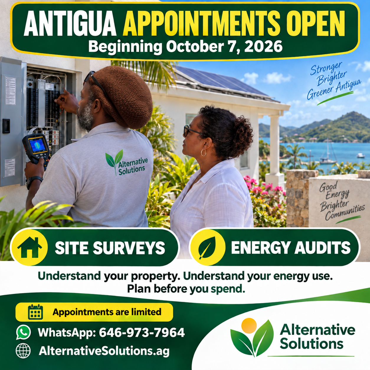 Alternative Solutions Antigua site-survey and energy-audit appointments beginning October 7, 2026