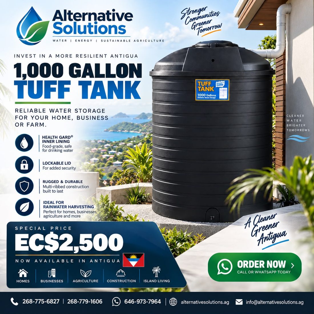 1,085-US-gallon TUFF CT 1000 water tank, EC$2,500, now available in Antigua from Alternative Solutions